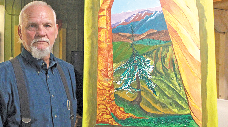 John Henry Green holding one of his unfinished paintings —an acrylic on canvas depicting a transition from tree to a gothic structure window view into the distance.