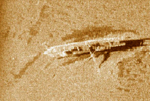 This is the side-scan sonar image of the sloop Washington (or Lady Washington) that sank in 1803. (Copyright Jim Kennard). 