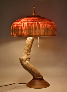 Lamp shade created by Chuck Willard. The wood came from an old oak tree that once was at a family home in Canandaigua.
