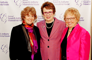 Deborah Hughes, president of the National Susan B. Anthony Museum & House (left) with partner Emily Jones (fight) of Greece, and Billie Jean King, sports icon, humanitarian, and champion of equal rights (center) who was the keynote speaker last year at the 2016 Susan B. Anthony Birthday Luncheon at the Joseph A. Floreano Rochester Riverside Convention Center in Rochester. The luncheon is held each February in honor of women’s suffragette heroine Susan B. Anthony’s birthday.