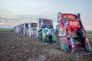 A shot of the Cadillac Ranch in Amarillo, Texas, when the duo arrived at dawn.