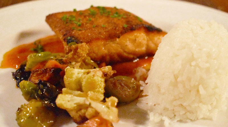 Faroe Island salmon ($26). This seared fish is served with a ball of jasmine rice and vegetable medley, which consisted of Brussels sprouts, sweet potato and cauliflower.