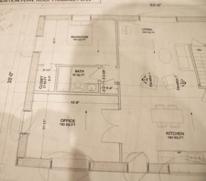 The floor plan for Draper’s straw bale home shows just how wide the walls will be and the room at each of them for a wide shelf or window seat. 