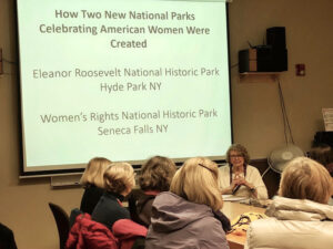 Nancy Dubner (facing camera) teaches a class at the Osher Lifelong Learning Institute at RIT on two national park projects she successfully drove — the creation of the Eleanor Roosevelt Val-Kill National Historic Park and the Women’s Rights National Historic Park. 