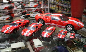 Scales of diecast cars. Model cars come generally come in these sizes. Here’s a quintet of Ford Its and one GT-40 models from Auto Antiques in Palmyra. Starting from bottom right and going clockwise, these Fords are in in 1/64th scale (the real car is 64 times bigger than this model), 1/43rd (the world standard and most-collected size), 1/32nd, 1/24th, 1/18th (this is the GT-40), and 1/12th.