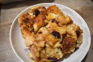 The bread pudding with craisins — a dessert both sweet and savory, very soft but far from soggy. 