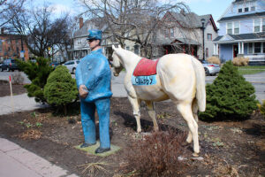 “Chubby,” painted by artist Vincent Massaro, is a replica of the mascot horse of Firehouse No. 6 on University Avenue, which is now home to Craft Company No. 6. Chubby is joined by a faithful volunteer.