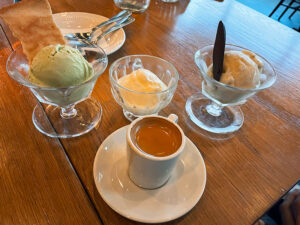 Don’t miss the Ice cream at Kindred Fare: asparagus ice cream (left), affogato with a shot of espresso (center), and the pear sorbet (right).