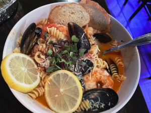 Nothing fishy about the seafood fra diavolo ($24). It’s a hearty seafood dish served with rotini pasta, onions and peppers.