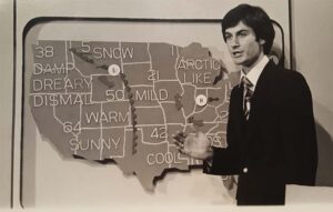 Kevin forecasts the weather for WICB-TV (Ithaca College TV) in 1979